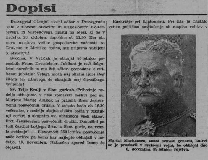 Izrezek iz časopisa Slovenec, ki vabi na otvoritev in blagoslovitev mosta. To je tudi edina omemba tega mosta.
