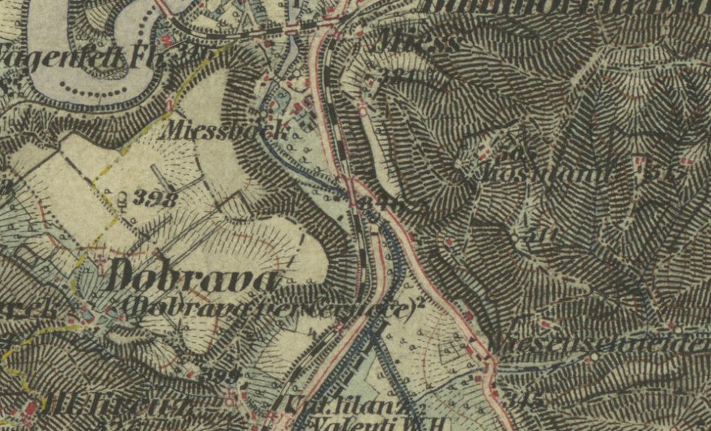 Karta iz 1881, ki kaže, kje je bila lokacija prehoda čez Mežo pred Kolterjevim mostom.